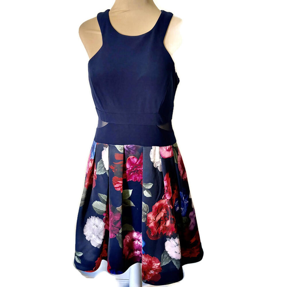 XSCAPE Ponte Knit Navy Floral Illusion Dress Halter Neck 8